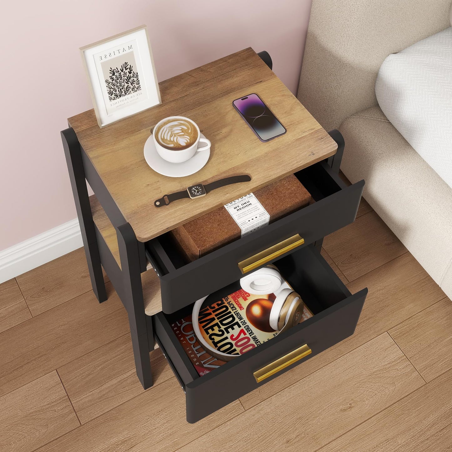 Tltaroni Nightstand with 2 Drawers and Open Shelf Wooden Bedside Table Gold Handles Modern Storage Night Stand Sensor Light for Bedroom, Black and Brown