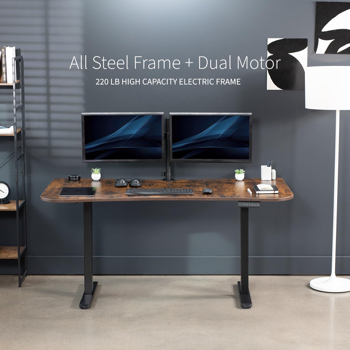 VIVO Electric 63 x 32 in Rustic Dual Motor Standing Desk, Memory Height Adjustment, E2B Series, Vintage Brown Top Black Frame, DESK-KIT-E2B1N