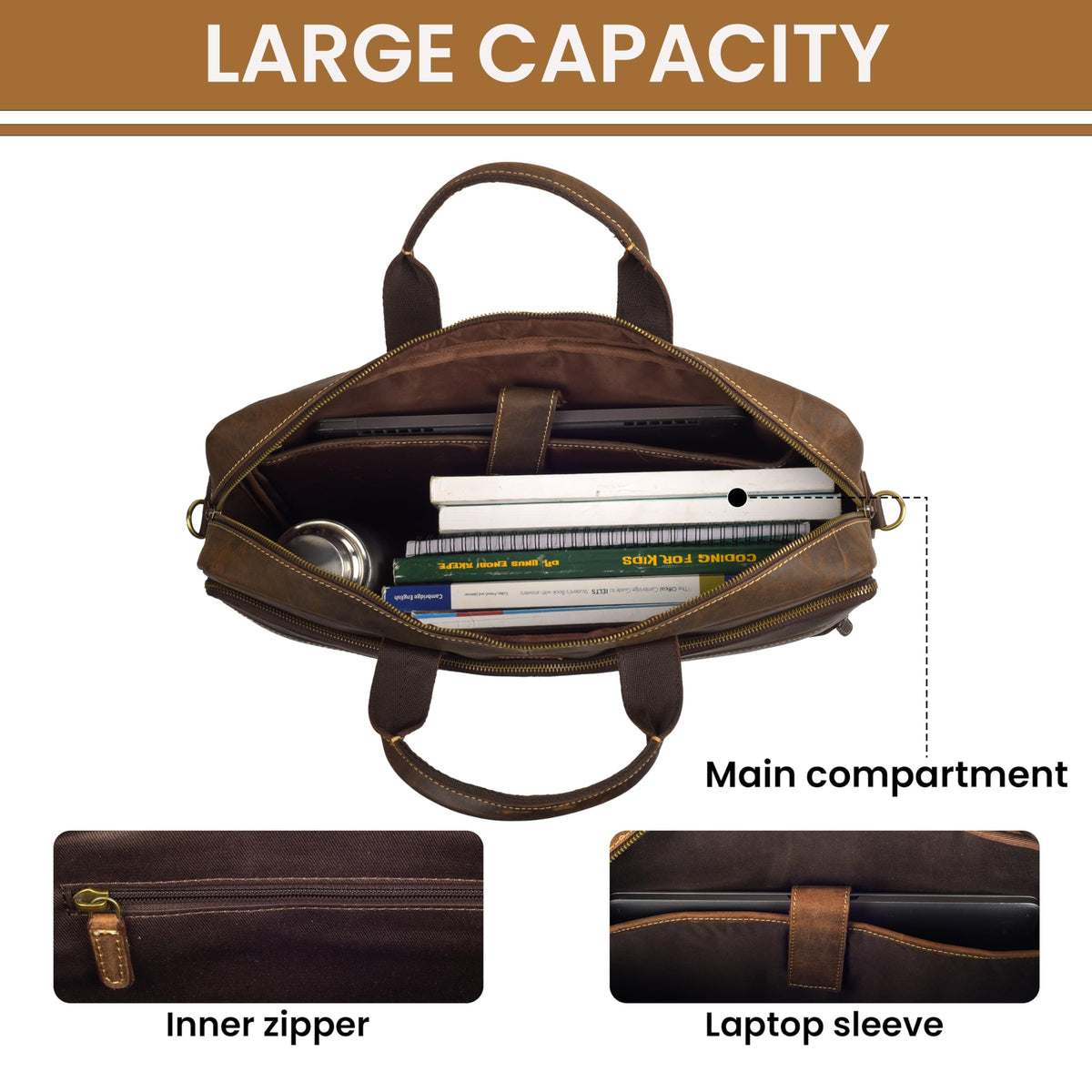 Mens Full Grain Leather Briefcase Fits 16 Inch Laptop, Leather Laptop Messenger Shoulder Satchel, Vintage Professional Work Office Bag - Brown