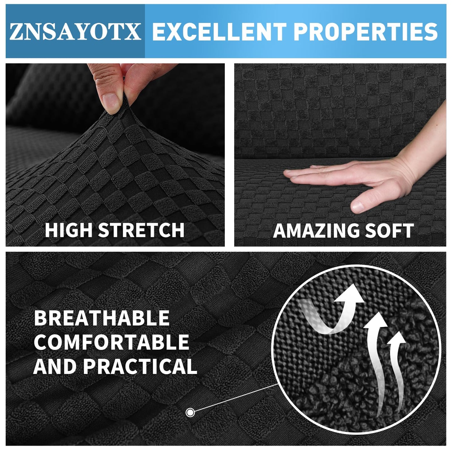 ZNSAYOTX Sectional Couch Covers, Stretch Jacquard Slipcovers with Elastic Bottom for L-Shape Sectional Sofa, 2 Pcs Pet Friendly Modular Sofa Protector (3 Seat Couch + 3 Seat Chaise, Black)