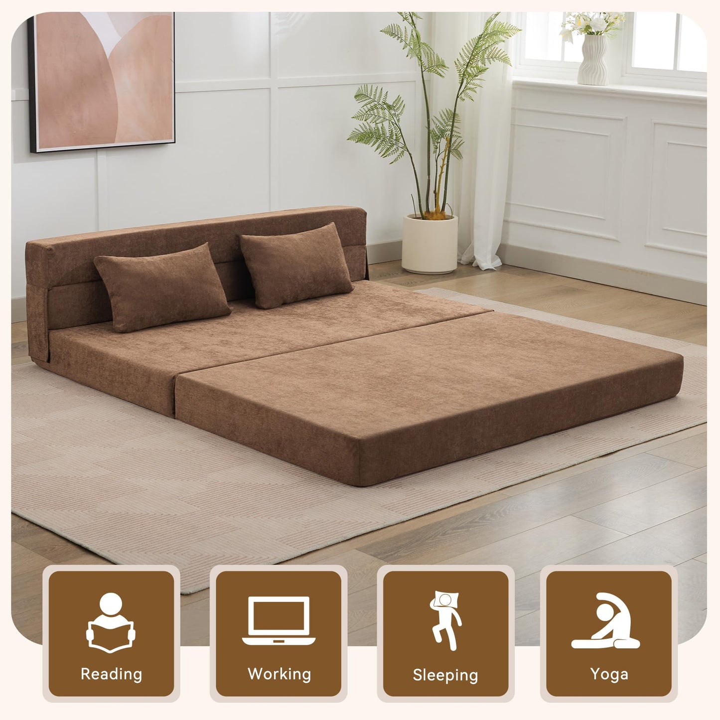 WUTUTUEE Folding Sofa Bed Floor Couch with Pillow, Foldable Chair Bed Convertible Linen Sleeper Chair Futon,Foldable Memory Foam Mattress for Bedroom/Living Room/Dorm/Office (Brown, Queen)