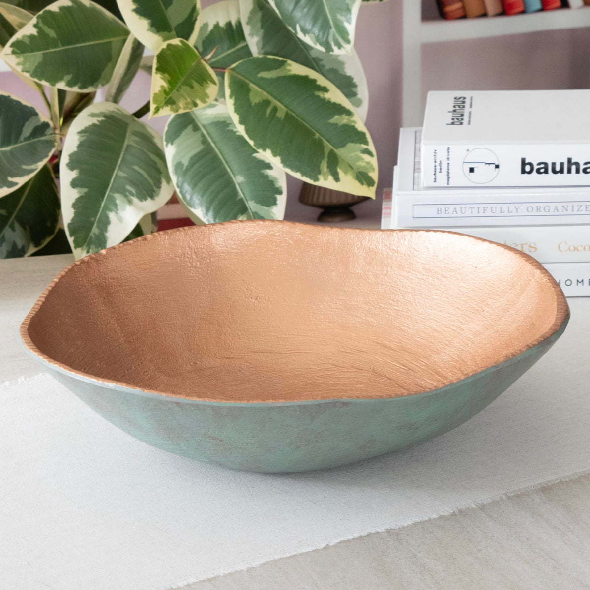 ANDALUCA Cast Metal Extra Large Turquoise Copper Finish Round Decorative Bowl 14 inch