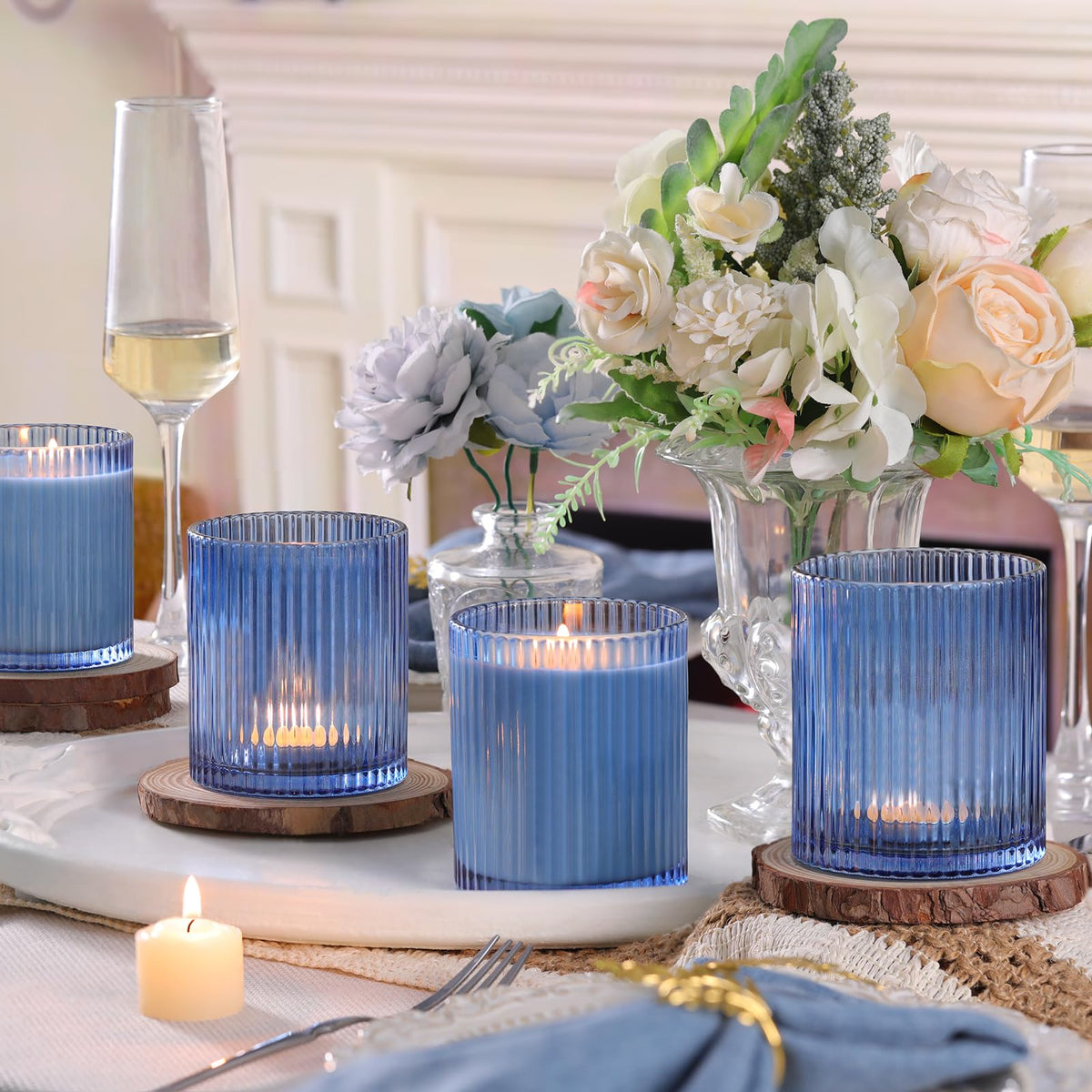 sunnyfuture 10 OZ Blue Candle Jars for Making Candles Set of 8, Ribbed Glass Candle Jars with Wood Lids and Labels, Candle Containers for DIY, Gifts, Home Decoration
