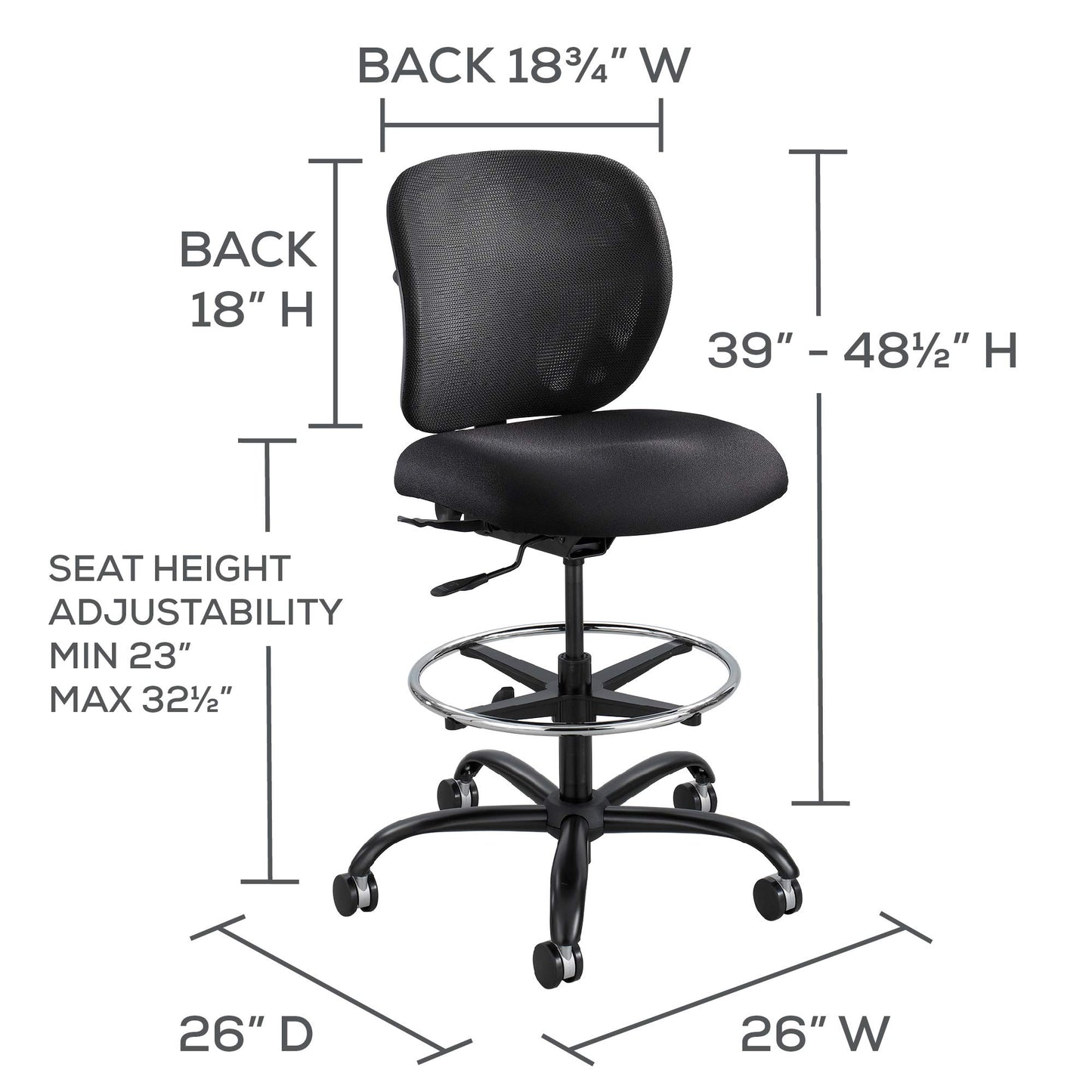 Safco Vue Office Chair, Heavy Duty Stool, 400 lbs Capacity, Ergonomic Mesh Back, 360 Swivel Seat, 5-Star Base, Big and Tall, Black