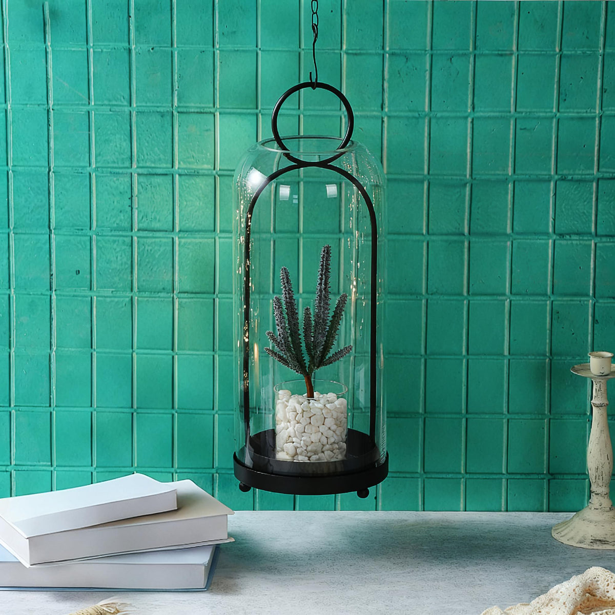 Twakutwaku 20" High Versatile Modern Metal Hurricane Lantern with Handmade Sturdy Glass Dome in Black for Pillar Candle & Plants, Industrial, Farmhouse, Shabby Chic (Black, 7.5"x20")