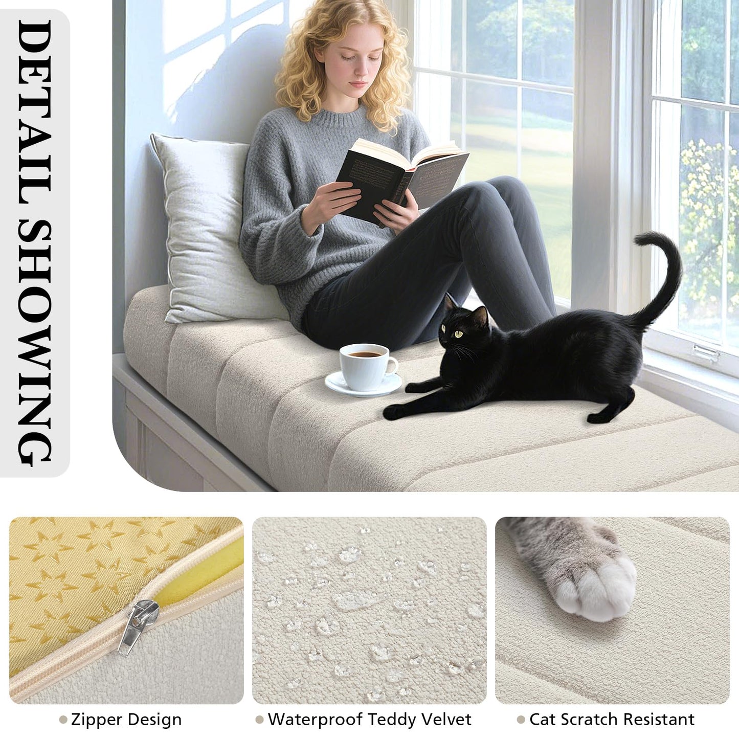 Wenqik Bench Cushion 40x20x4 Inch for Indoor Outdoor Furniture Tufted Thicken Bay Window Seat Cushion Non Slip Waterproof Dining Piano Bench Pad Pillow Anti Cat Scratch for Patio Porch Swing, Beige