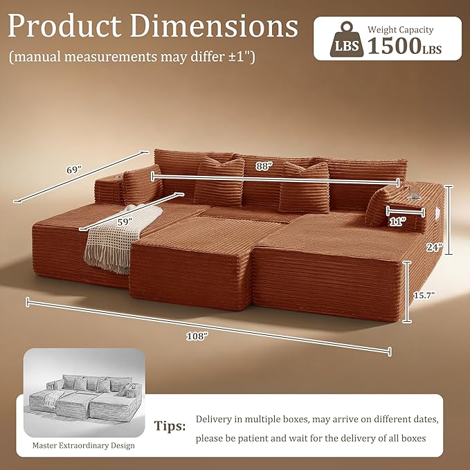 108" Cloud Sectional Couch, Comfort Sleep Sofa