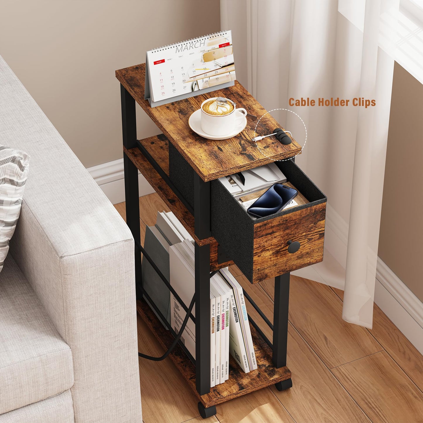 DGSANDGO Sofa Side Table Narrow End Table (1PC) - Rustic Brown & Black Two-Tone, Side Table with Charging Station (1 AC + 2 USB) & Storage Drawer, 4 Wheels Mobile Nightstand for Bedroom Living Room