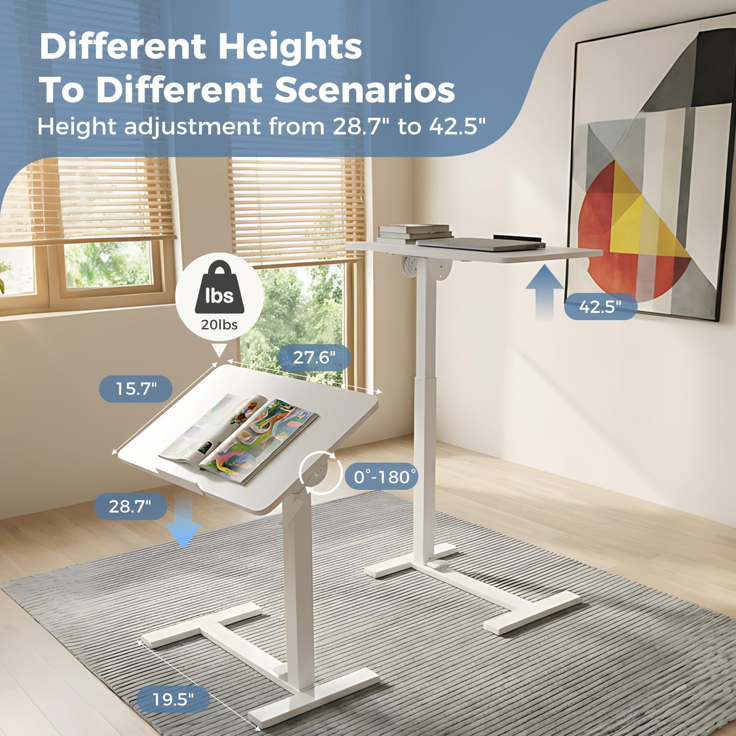 DUMOS Mobile Standing Desk, Height-Adjustable Computer Cart with Pneumatic Lift, Portable Computer Workstation Cart for Bed, Couch, Office, Sofa, White