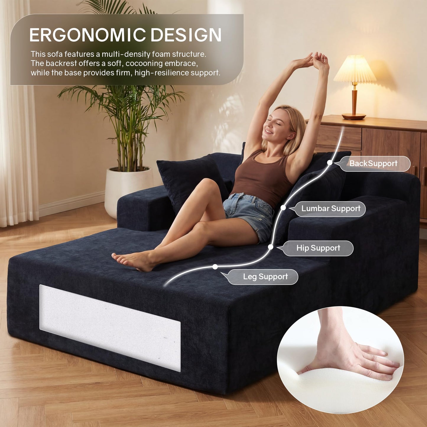 66" Chaise Lounge Chair Indoor, Oversized Boneless Lounge Chair with 3 Pillows, Chenille Cloud Reading Chair for Living Room Bedroom, Deep Seat Sleeper Couch, No Assembly Required