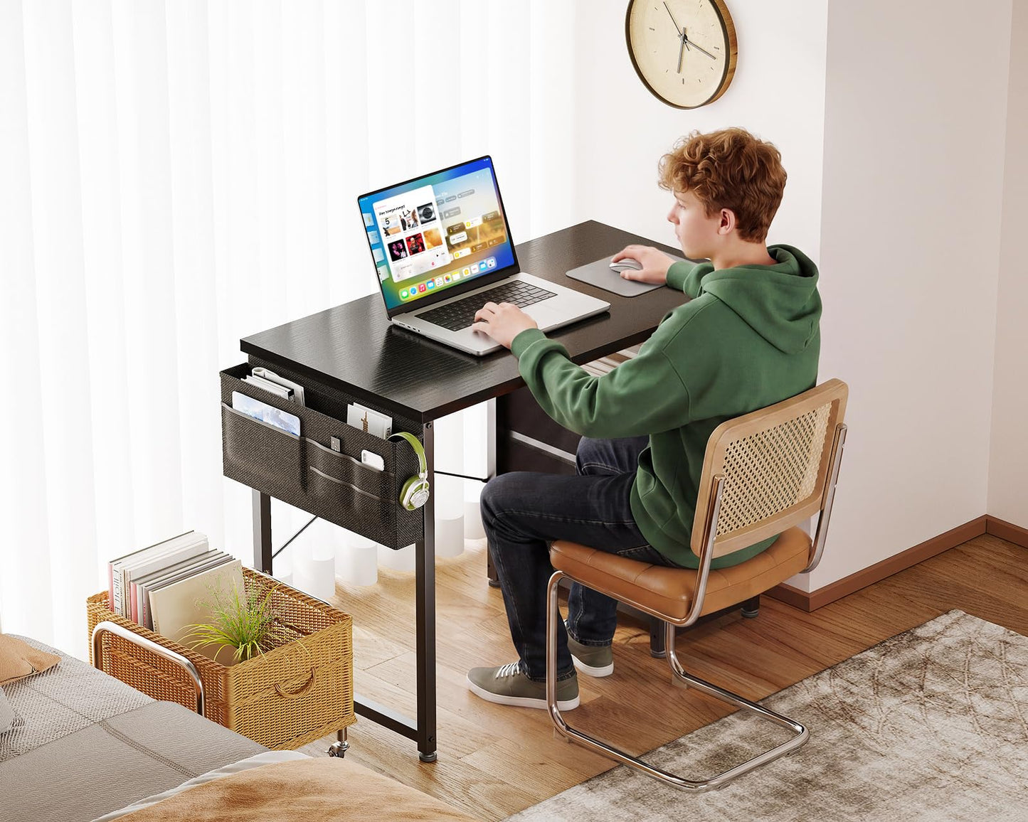 AODK 32 Inch Small Computer Desk with Fabric Drawers, Kids Study Desk for Bedroom, Home Office Desk with Storage Shelf & Bag for Small Space, Black