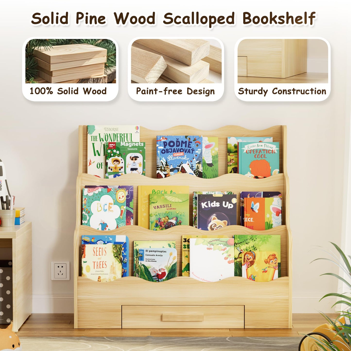 FIKSG 3-Tier Montessori Scalloped Kids Bookshelf, 29.6" Wide Natural Wood Forward Facing Bookcase for Toddlers, Children's Book Display and Organizer for Playroom, Nursery, Bedroom or Classroom