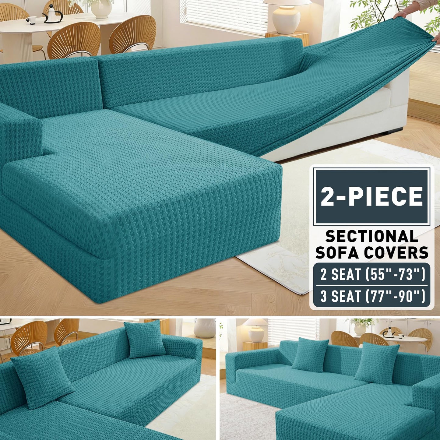 ZNSAYOTX Stretch Sectional Couch Covers New-Houndstooth Texture, Thick Slipcovers with Elastic Bottom for L Shape Sectional Sofa, 2 Pcs Pet Friendly Universal Protector (Chaise or Sofa), Peacock Blue