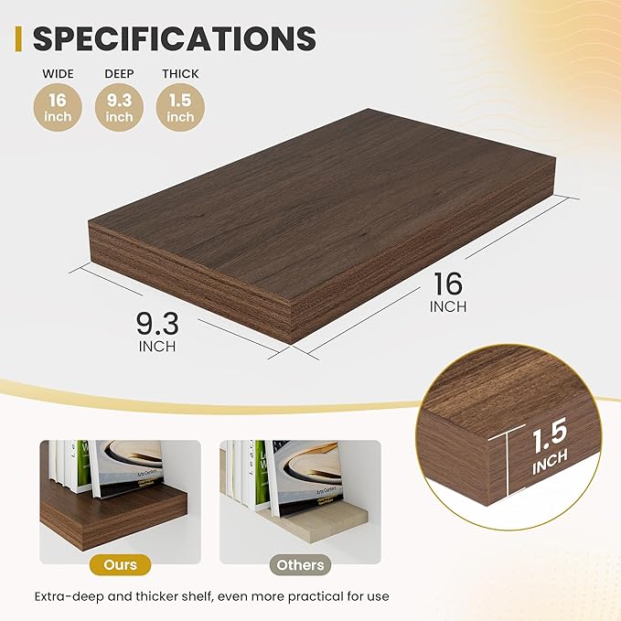 Acovy 16 Inch Floating Shelves, 9.3" Deep Floating Shelf Wall Mounted, Rustic