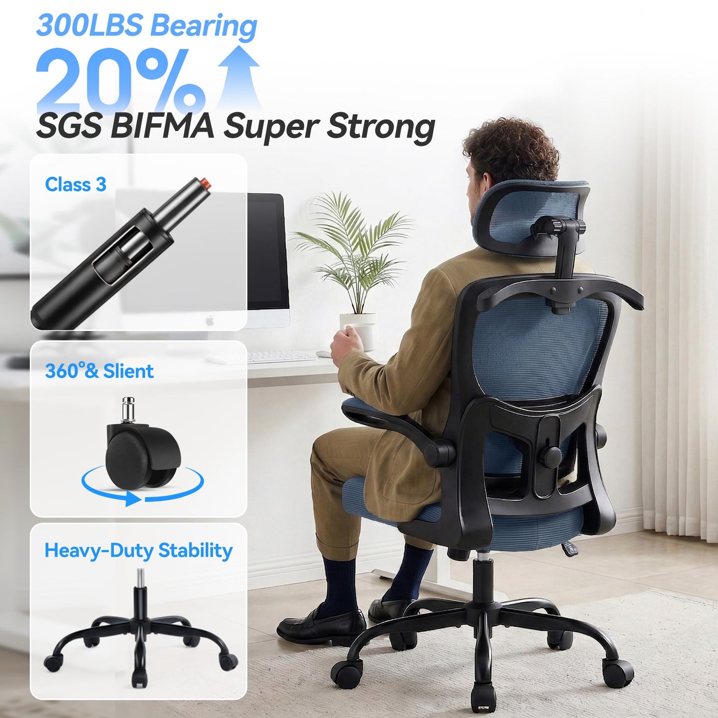 AreShark Office Chair Ergonomic Desk Chairs with Adjustable Lumbar Support& Headrest Hanger, High Back Breathable Mesh Chair with Wheels, Rolling Swivel Comfy Task Computer Chair for Home Work Gaming
