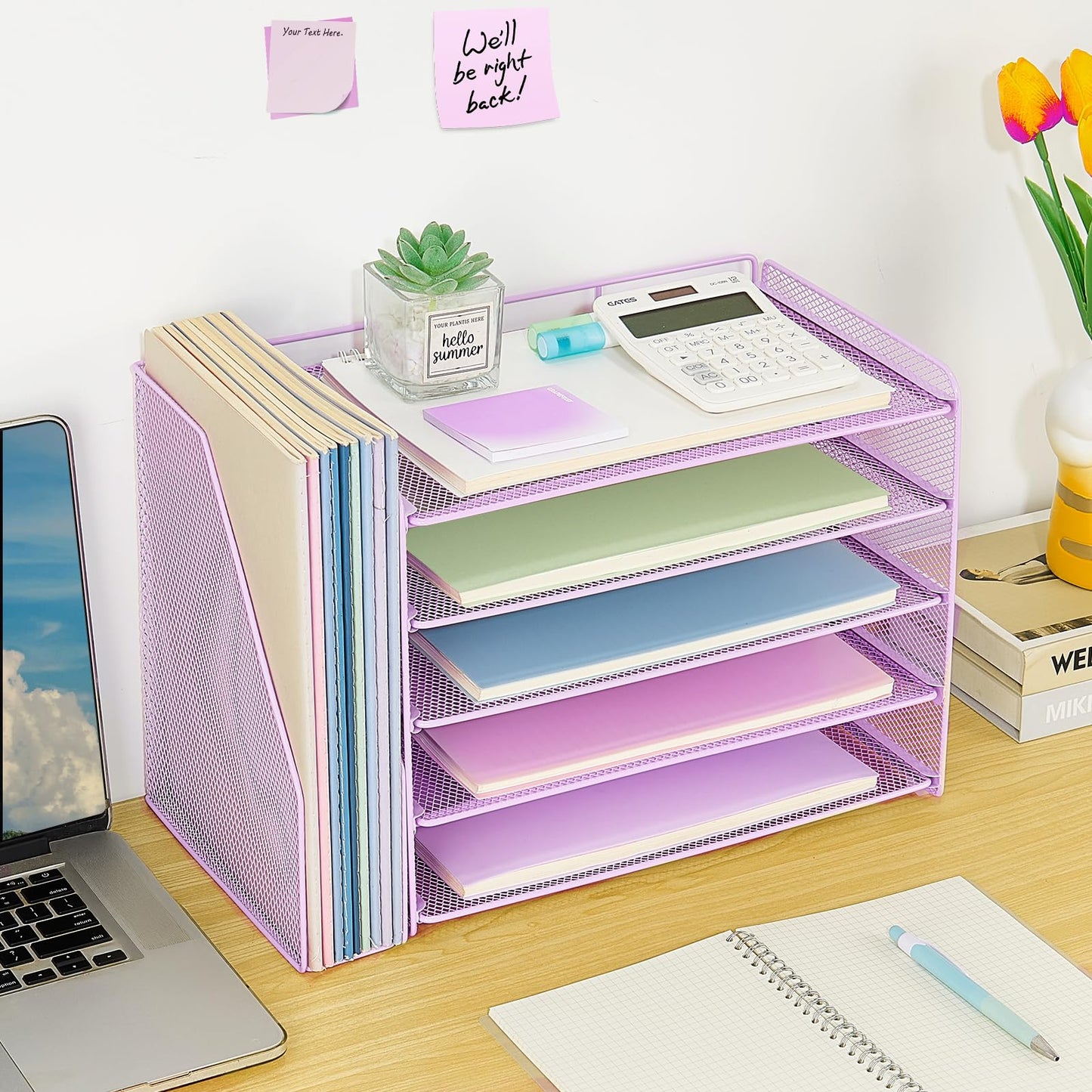 OPNICE Desk Organizer, 5-Tier Paper Organizer Letter Tray with Magazine Holder, Office Desk Accessories & Workspace Organizers, Desktop File Organizer for Office Supplies Storage, Purple
