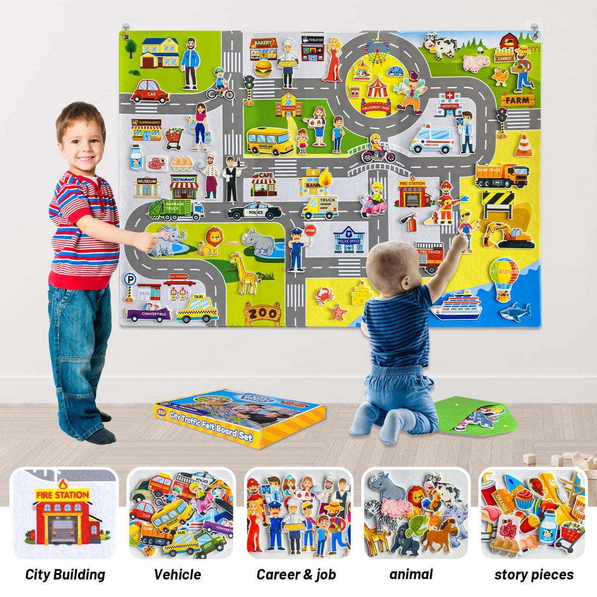 Transportation Felt Story Board Set ,40*28in Flannel Board for Wall ,95 Felt Pieces,Preschool Storytelling ,Vehicles,Career Image Dress-Up,Zoo Learning Interactive,for 3 years +,Gift for Toddlers