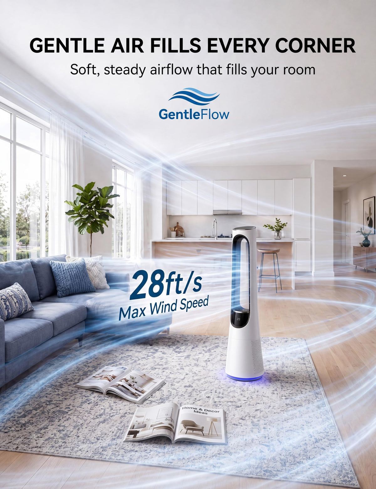 MEPTY 38" Bladeless Tower Fan for Bedroom,Standing Fan with 5-Color LED,120°Adjustable Oscillating,20 Speeds & 4 Modes,Quiet DC Motor,Cooling Fan for Home Office Use