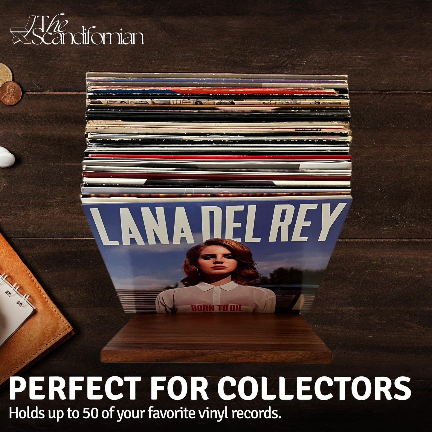 Natural Wood Vinyl Record Holder Shelf, Tabletop LP Storage Rack, Walnut Album Display, Vinyl Stand, Flip File Record Organizer Holds 25-40 LPs, Rustic Modern Album Storage Solution, Music Lover Gift