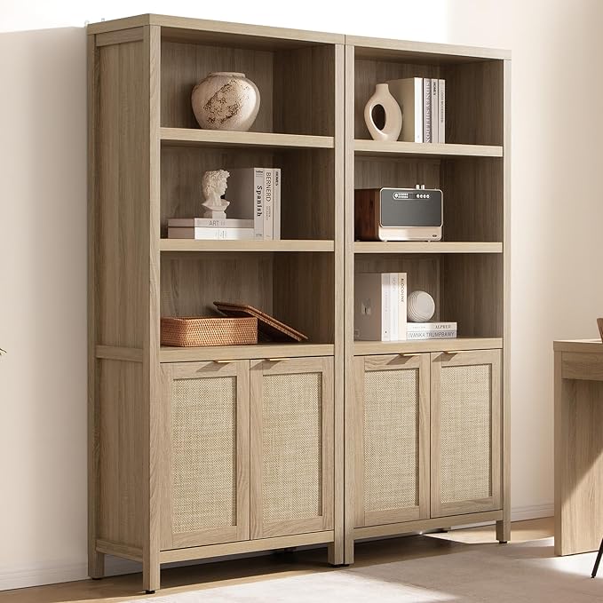 SICOTAS Bookcase 71" Tall Bookshelf 5 Tier Rattan Boho Bookcase