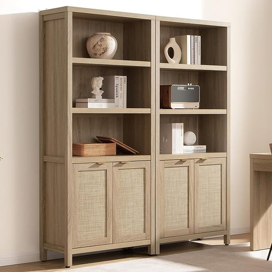 SICOTAS Bookcase 71" Tall Bookshelf 5 Tier Rattan Boho Bookcase