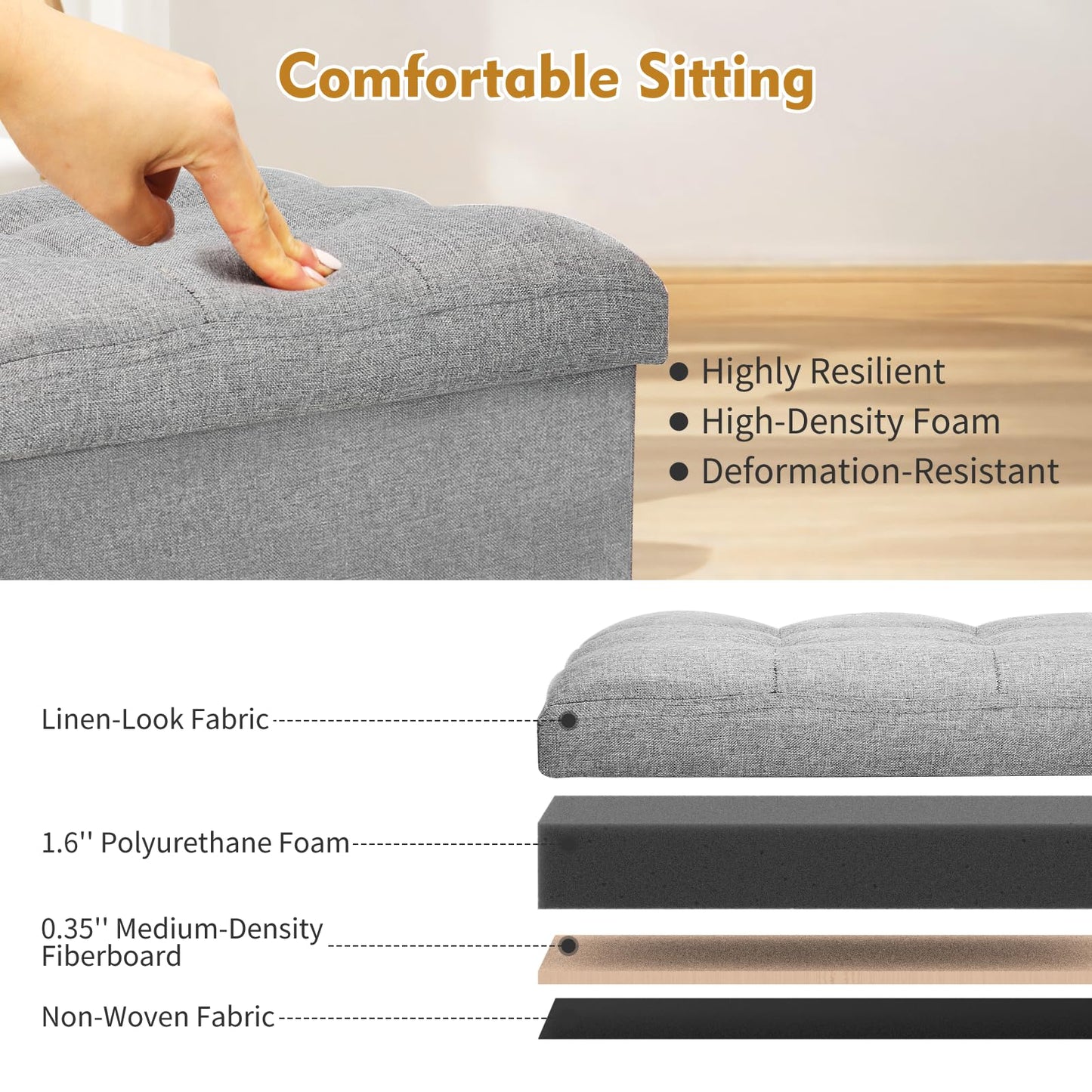 BelugaHelper Storage Ottoman Foot Rest, Folding Linen Foot Stool with Thicker Foam Padded Seat. Small Ottoman with Storage Bench for Bedroom Living Room, Holds Up to 300 lbs, 17x13x13IN (Light Gray)