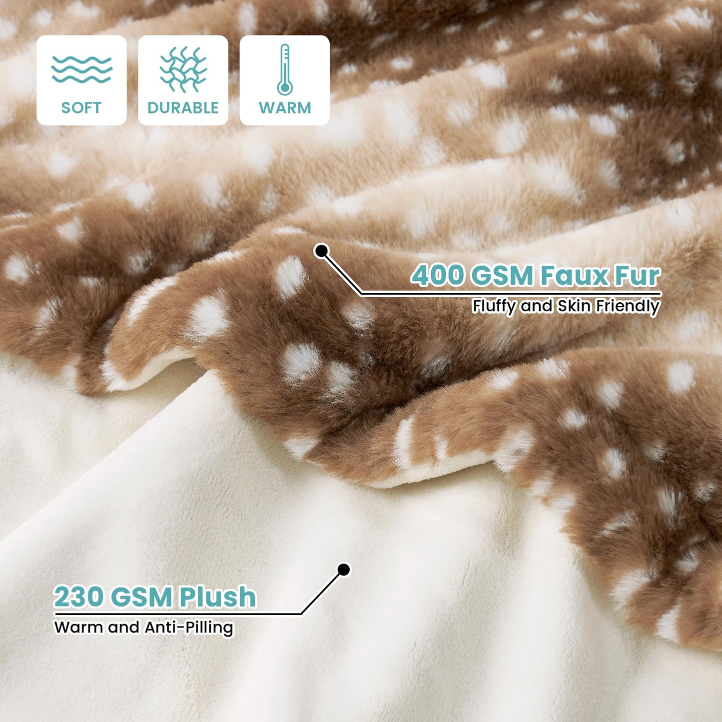 COZY KISS Luxury Faux Fur Blanket Deer Print, Waterproof Pet Blanket Washable, Woman Sofa Bed Couch Throw, Liquid Pee Proof for Large Dog or Cat, Reversible, Super Soft, 60x80 inch, Brown