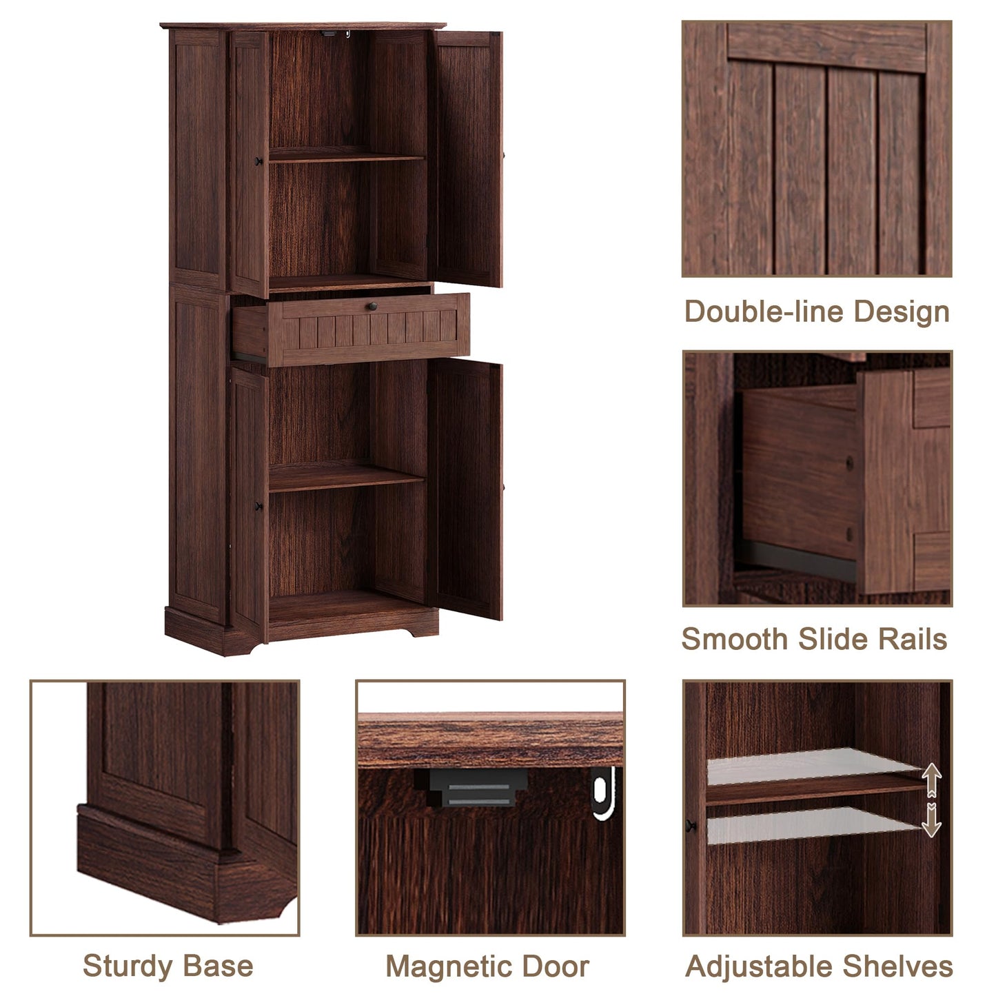 ChooChoo 51" H Tall Bathroom Floor Cabinet, Modern Bathroom Storage Cabinet with Drawer and Adjustable Shelves, Freestanding Kitchen Pantry Cupboard with 4 Doors for Living Room, Walnut