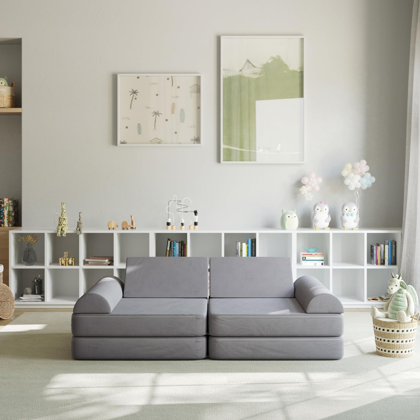 Flash Furniture Marlowe Modular Foam Kids Play Couch, 6 Soft Sectional Sofa Pieces, Convertible Kids Couch, Removable Covers, 56", Gray