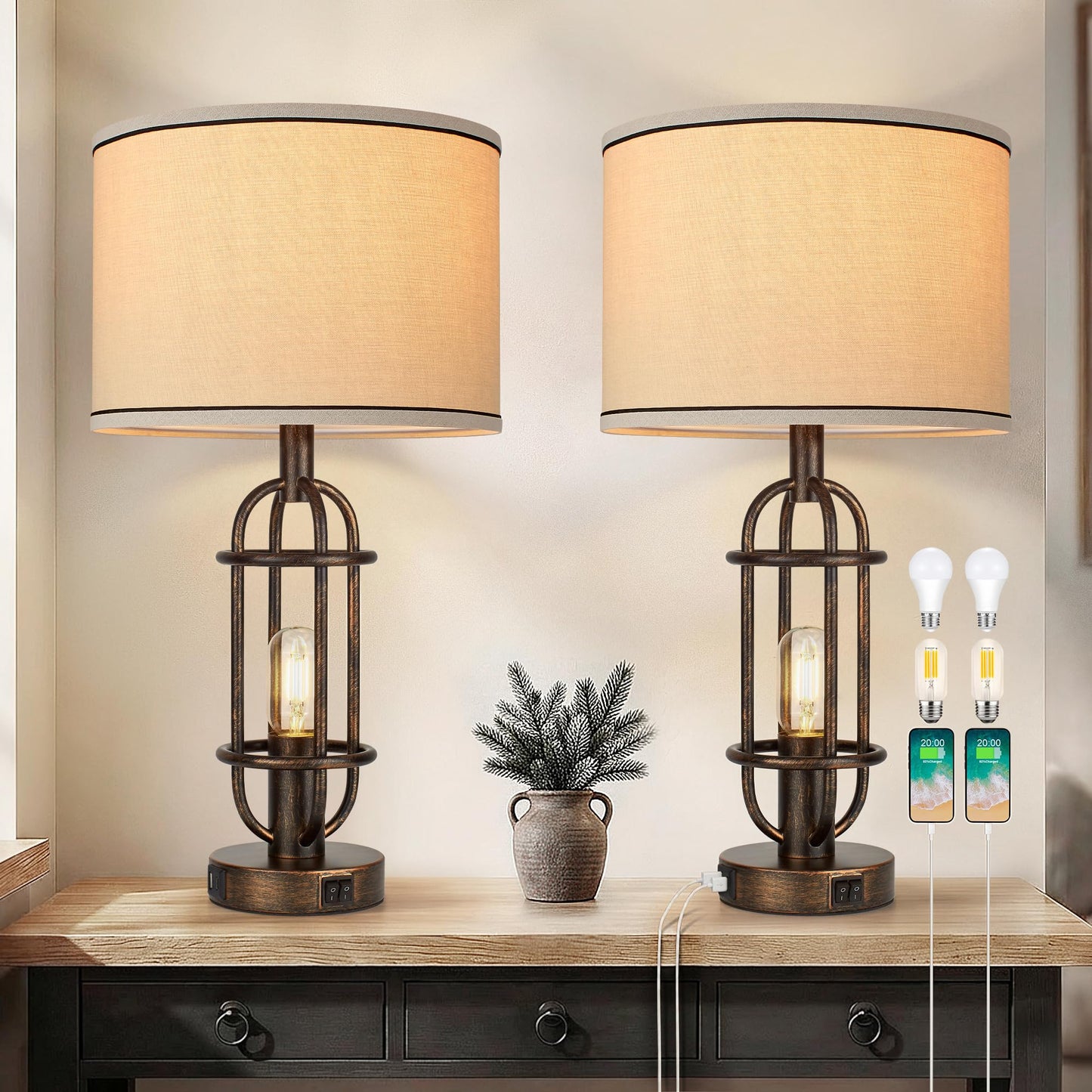 Reaketon Table Lamps for Living Room Set of 2, 22.3" Farmhouse Lamps for Nightstand, Industrial Table Lamps for Bedroom with USB Ports, Retro Bronze