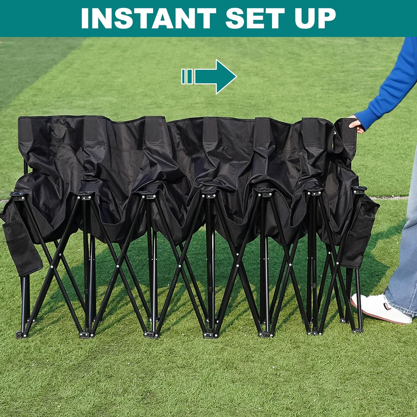 1MORE Soccer Bench - Portable Folding Team Bench, 6 Seats Foldable Sideline Benches, Soccer Chair with Bag & Backrest, Adult Team Chair for Football Camp Sport Events Outdoor Seating.Black