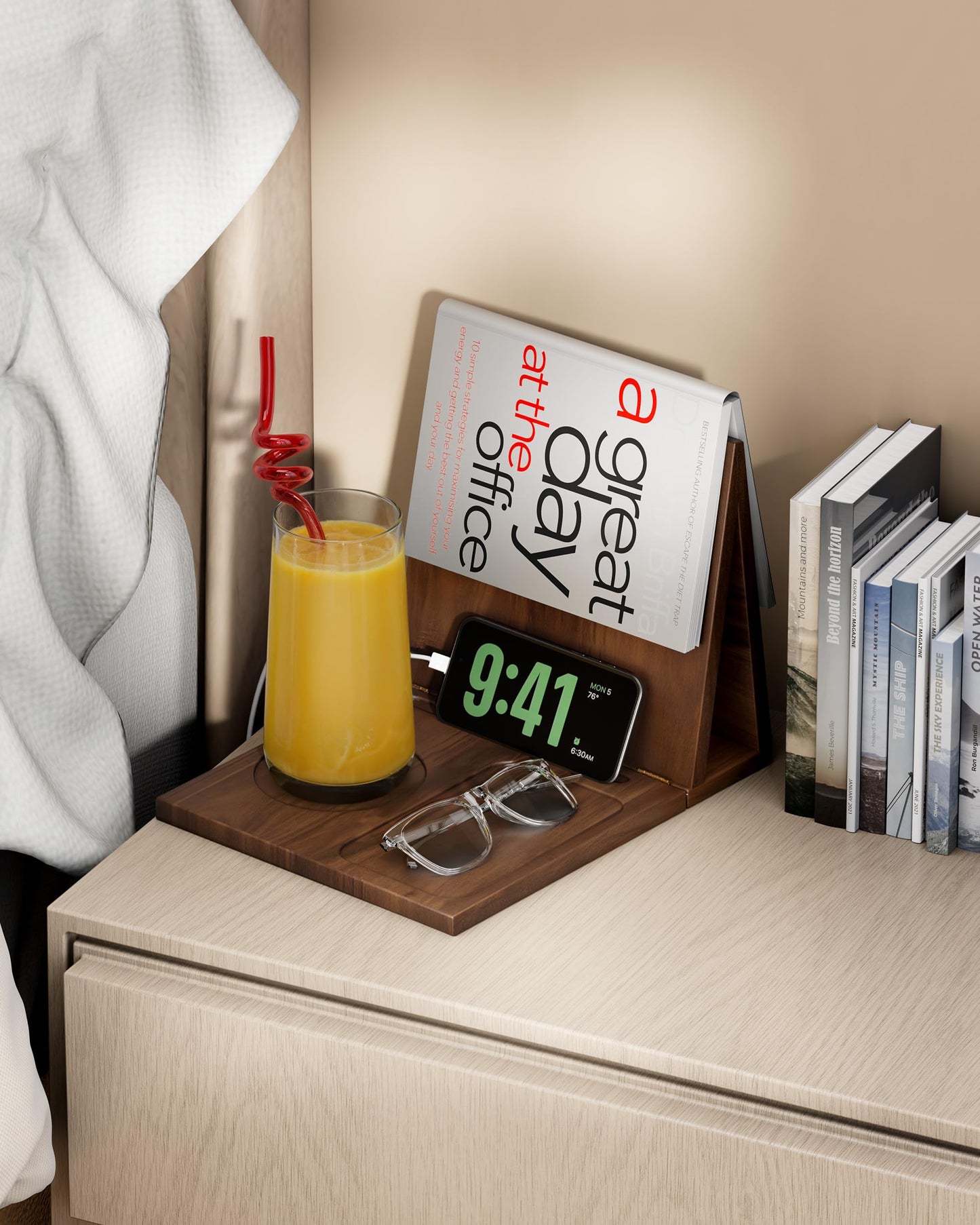 Triangle Book Holder, Book Rest, Acacia Foldable Book Nook Reading Valet, Triangle Book Stand with Cup, Pen, Glasses and Phone Holder for Bedroom, Nightstand or Office, Gifts for Book Lover (Walnut)