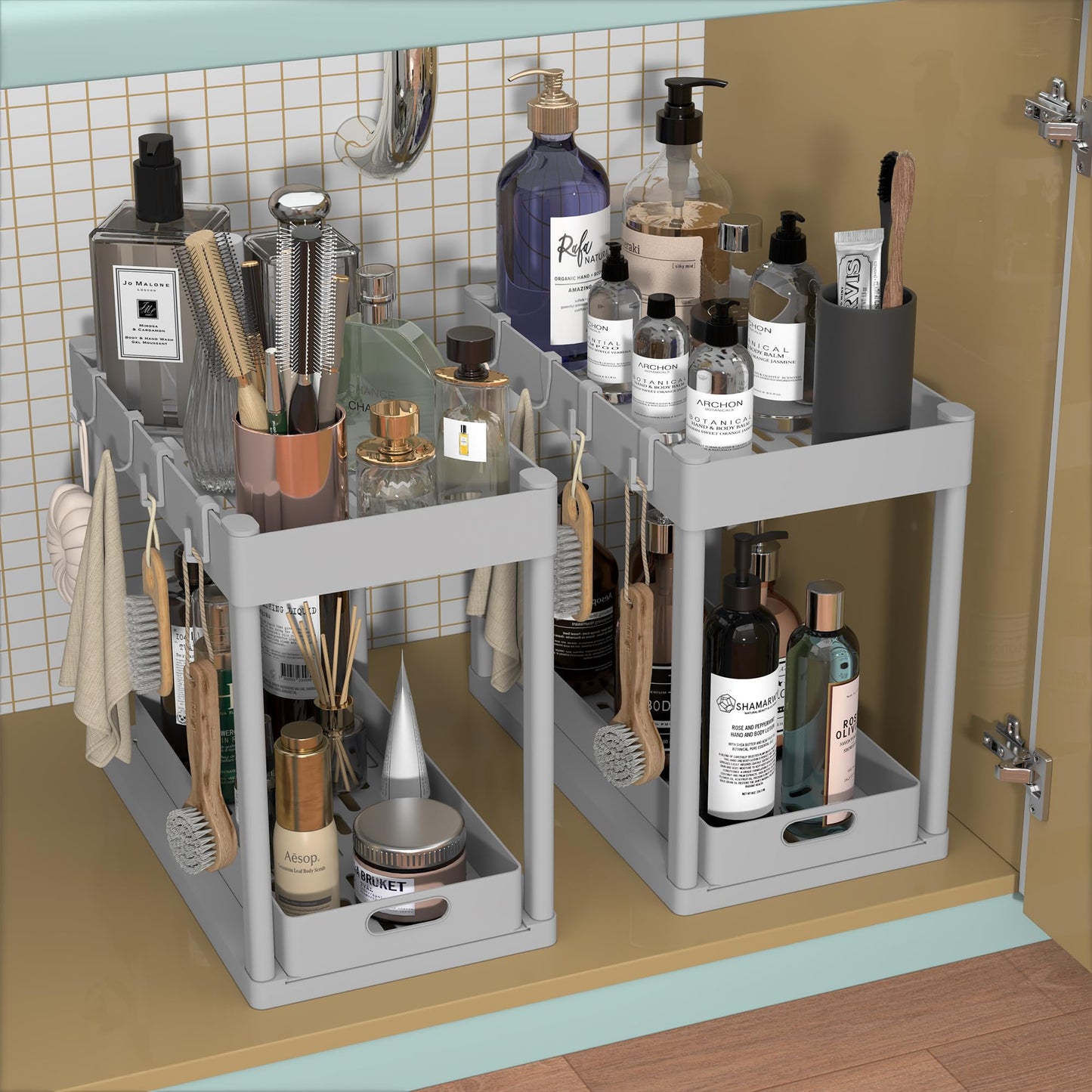 POUGNY 2PC Under Sink Organizer Rack 2 Tier Under Sliding Cabinet Basket Organizer Drawer with 4 Hooks, Multi-purpose Under Sink Storage for Bathroom Kitchen Desktop（Grey）