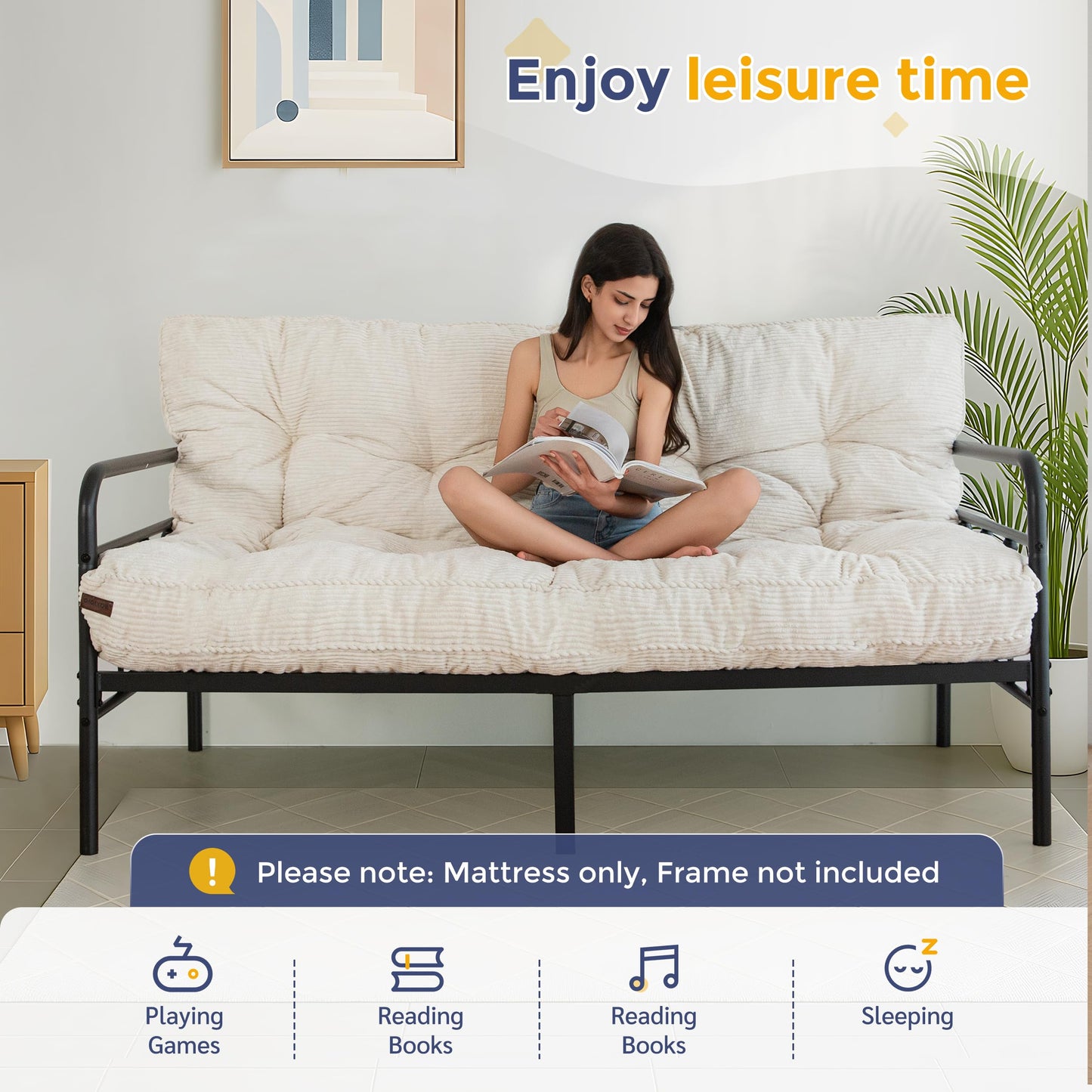 MAXYOYO 6" Futon Mattress Full Size, Tufted Futons Sofa Couch with Twisted Rope Design Edging, Thick Corded Fabric Floor Mattress for Adults, Shredded Foam Filling (Frame Not Included), Beige