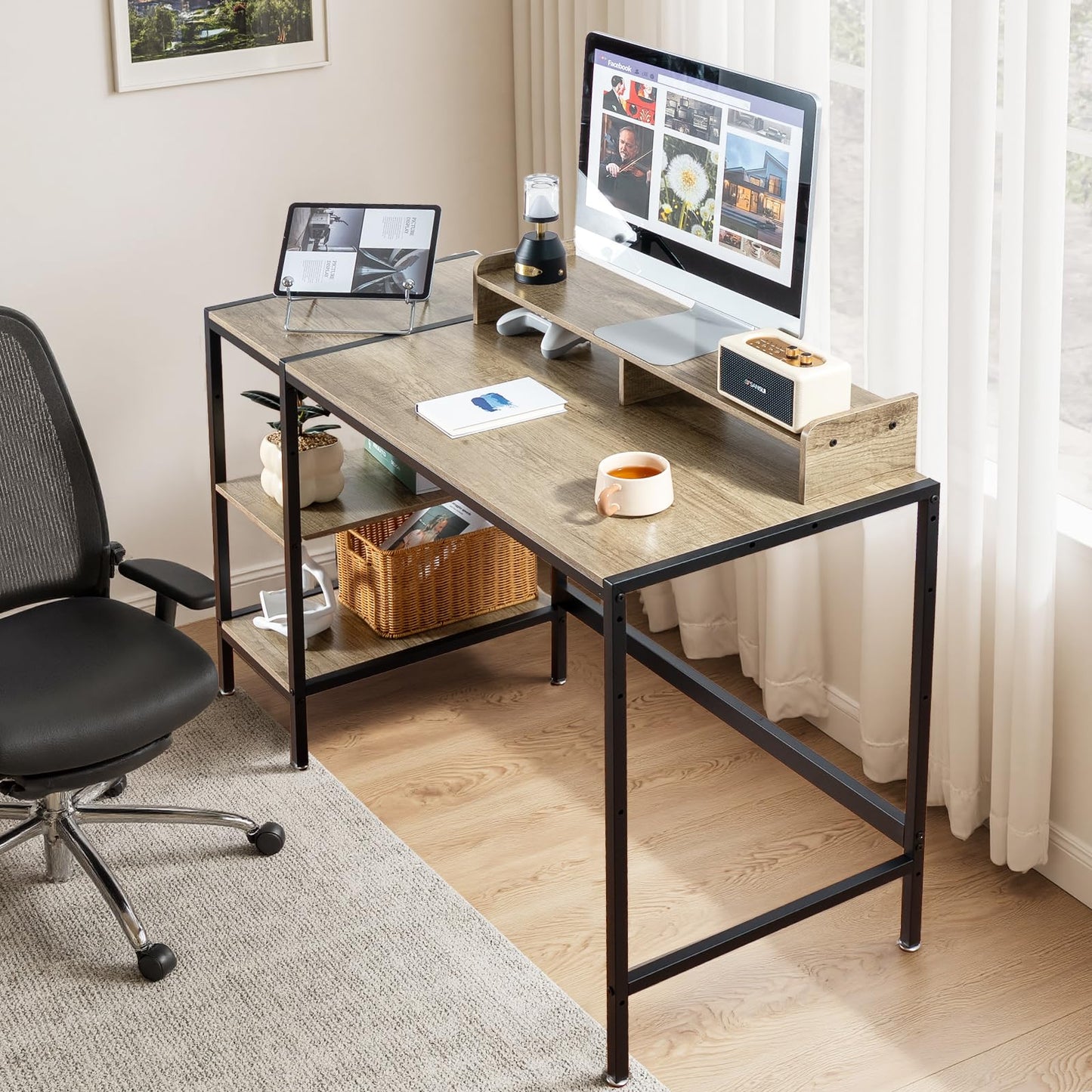 MINOSYS 47-inch Computer Desk with Storage Shelf - Gray Ideal Gaming Desk for Bedrooms, Small Spaces, and Home Offices Modern Writing Desk for PCs.