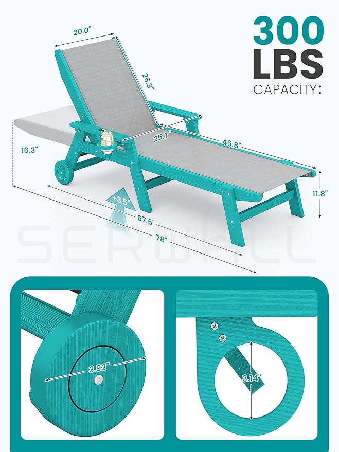 SERWALL Textilene Patio Chaise Lounge Chair Set of 2, 5 Positions Outdoor