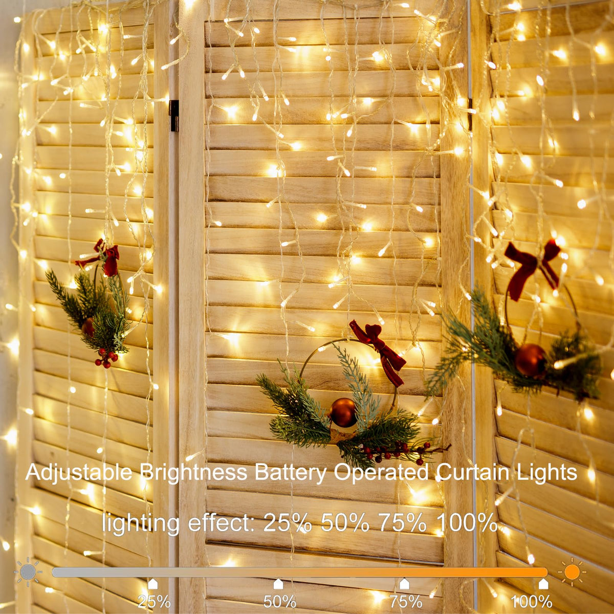 DealBeta Battery Operated Curtain Lights,9.8ft×9.8ft 300 LED Curtain Lights with Remote Timer 8 Modes, Waterproof Hanging Fairy Lights for Outdoor Indoor Wedding Christmas Decor (Warm White)