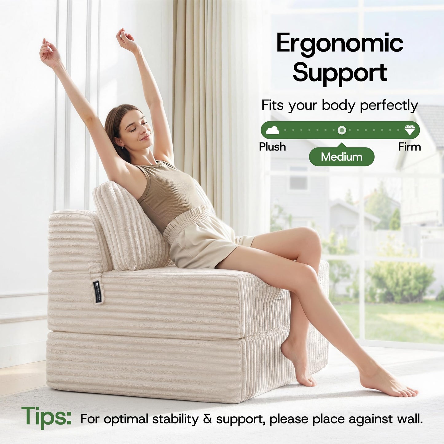MEGAYES Convertible 4-in-1 Folding Sofa Bed Boneless Sleeper Chair Couch Foldable Chaise Lounger & Mattress Pocket Coils+Foam Fill Medium Support, No Assembly for Living Room/Bedroom, Twin Beige