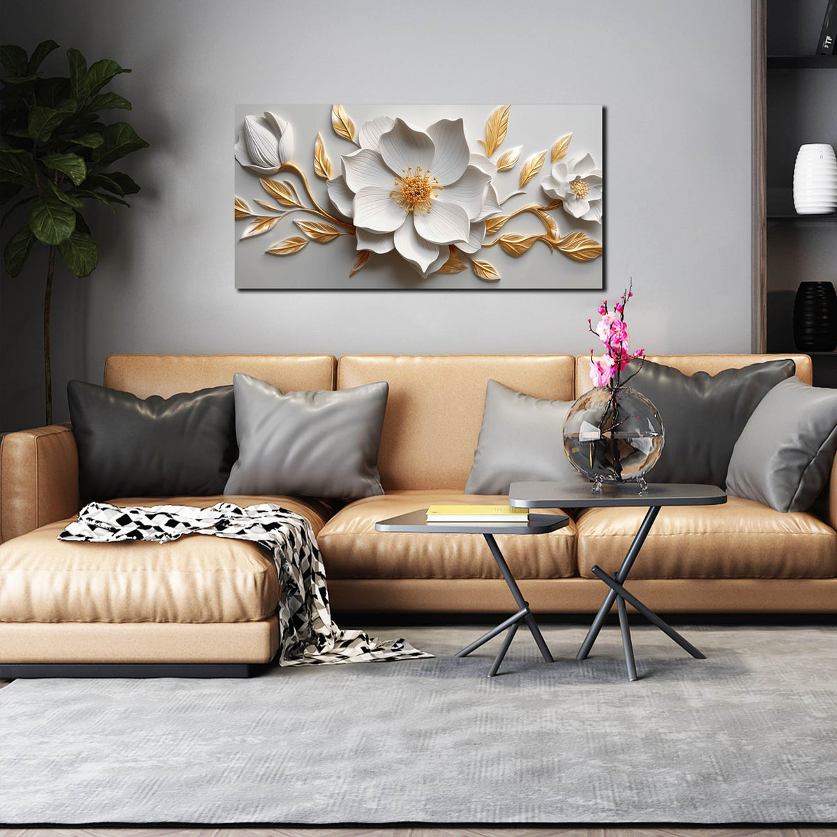 Canvas Wall Art for Living Room Bedroom Office White and Gold Flower Artwork Large Botanical Floral Wall Art Framed Wall Decor Modern Canvas Prints 20x40 In