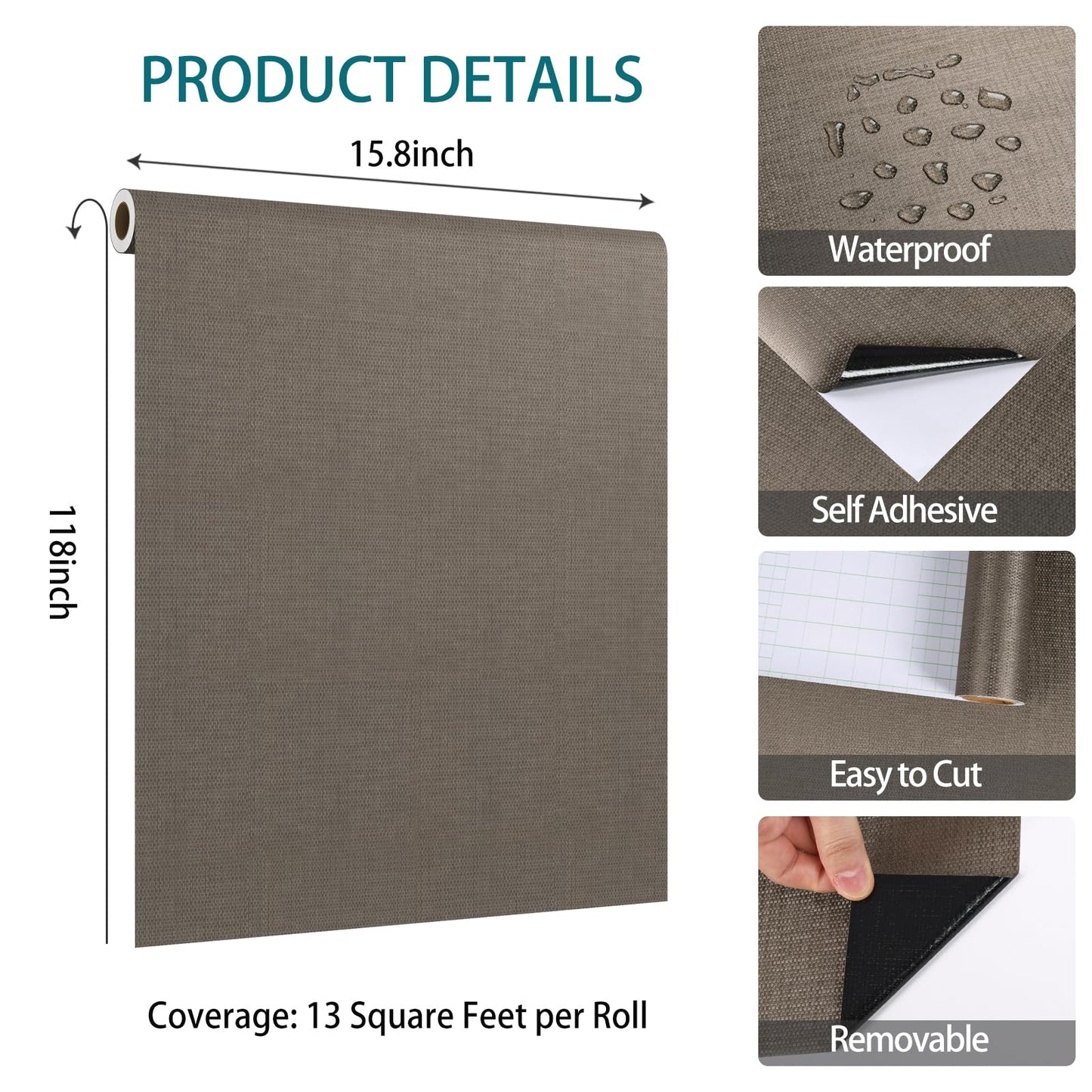 VaryStyle Luxury Brown Gold Grasscloth Peel and Stick Wallpaper Textured Grass Cloth Wallpaper for Bedroom Bathroom 15.7"x118" Removable Waterproof Vinyl Brown Contact Paper for Furniture Shelf Liner