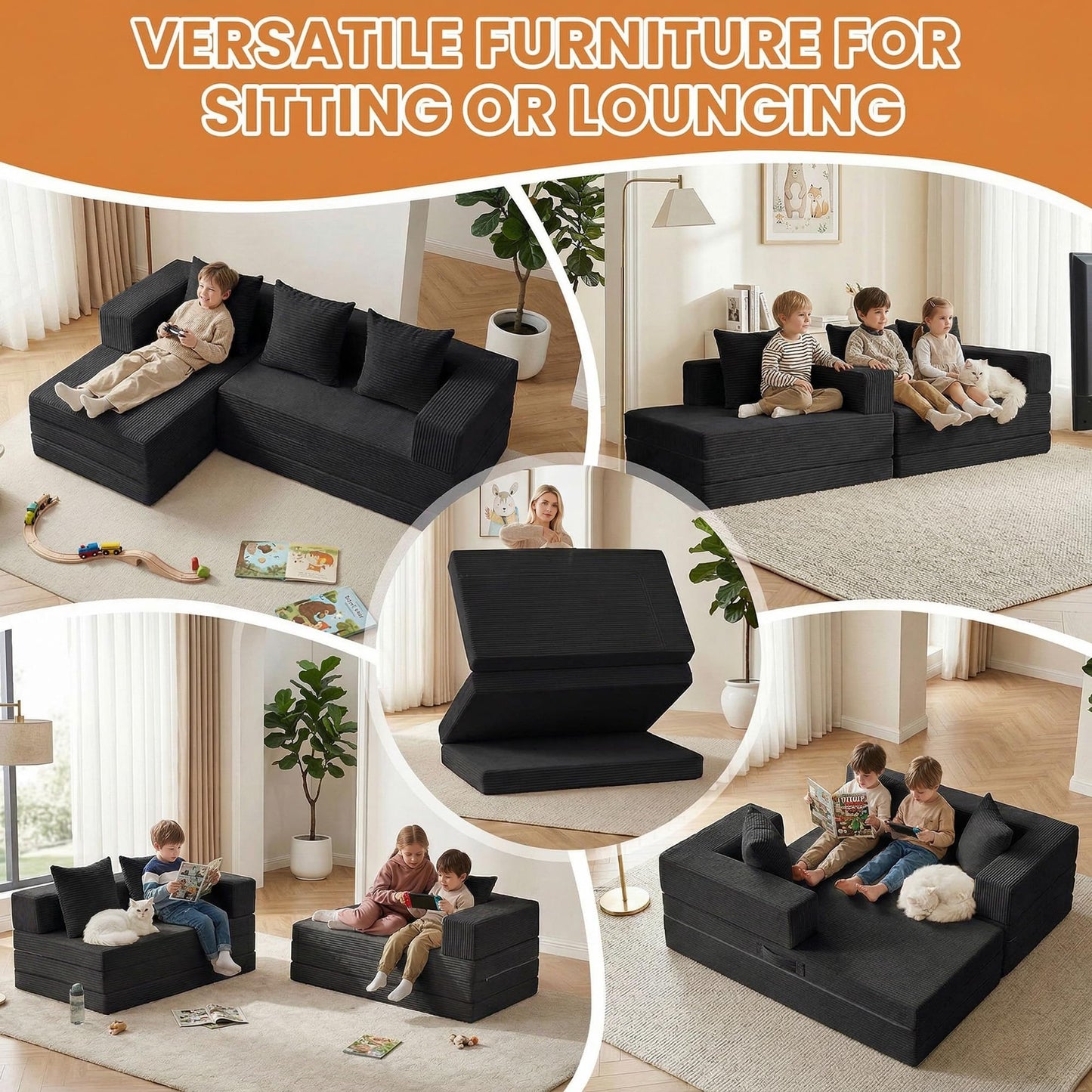 65" Boneless Couch,Convertible Sleeper Sofa Bed, Mini Modular Sectional Sofa, Modern Tri-Folding Cloud Couch with L-Shape Chaise, Corduroy Futon Couches for Small Spaces Apartment,No Assembly,Black