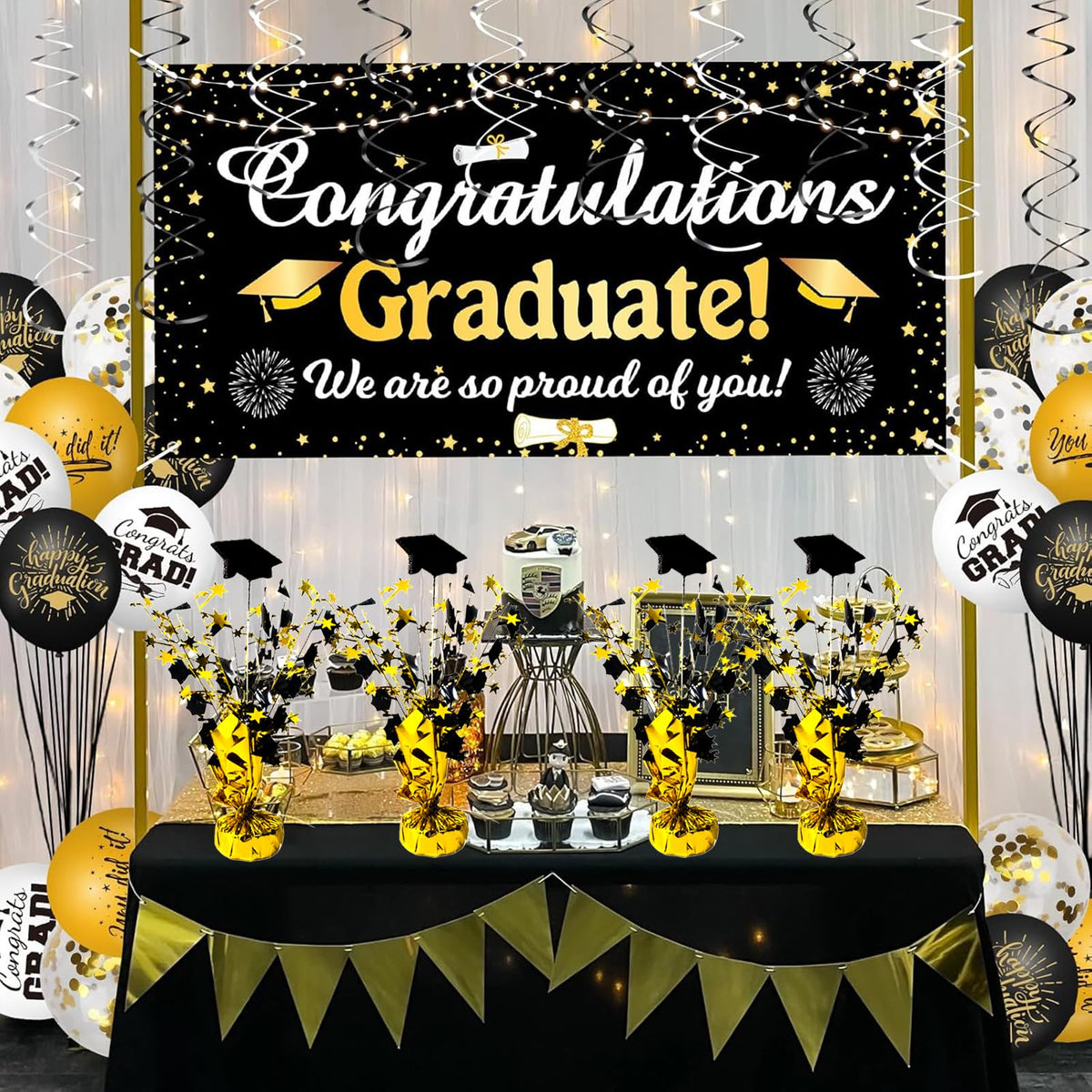 FUBININA 6 Pack 2026 Graduation Table Centerpiece Party Decoration Metallic Foil Spray Glitter Graduate Cap Decor Star Table Top for Graduation Parties Grad Ceremonies Party Favor, Black and Gold