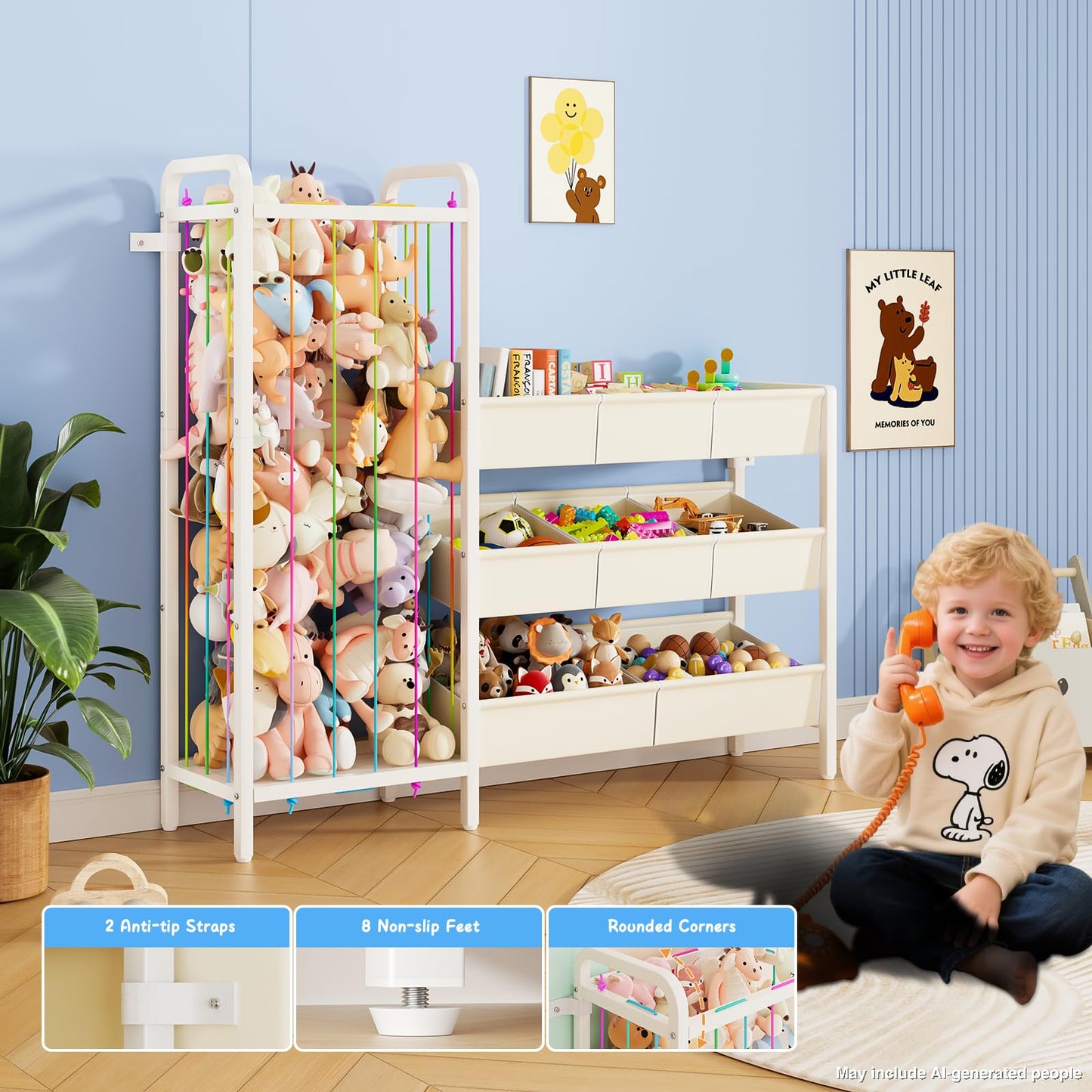 CYXPHION B6 Toy Storage Organizer with Stuffed Animal Storage, 3-Tier Wooden Shelves and 8 Bins, Toy Shelf Organizer, Kids Bookshelf and Toy Storage for Kids Room, Bedroom, Playroom, Nursery, White