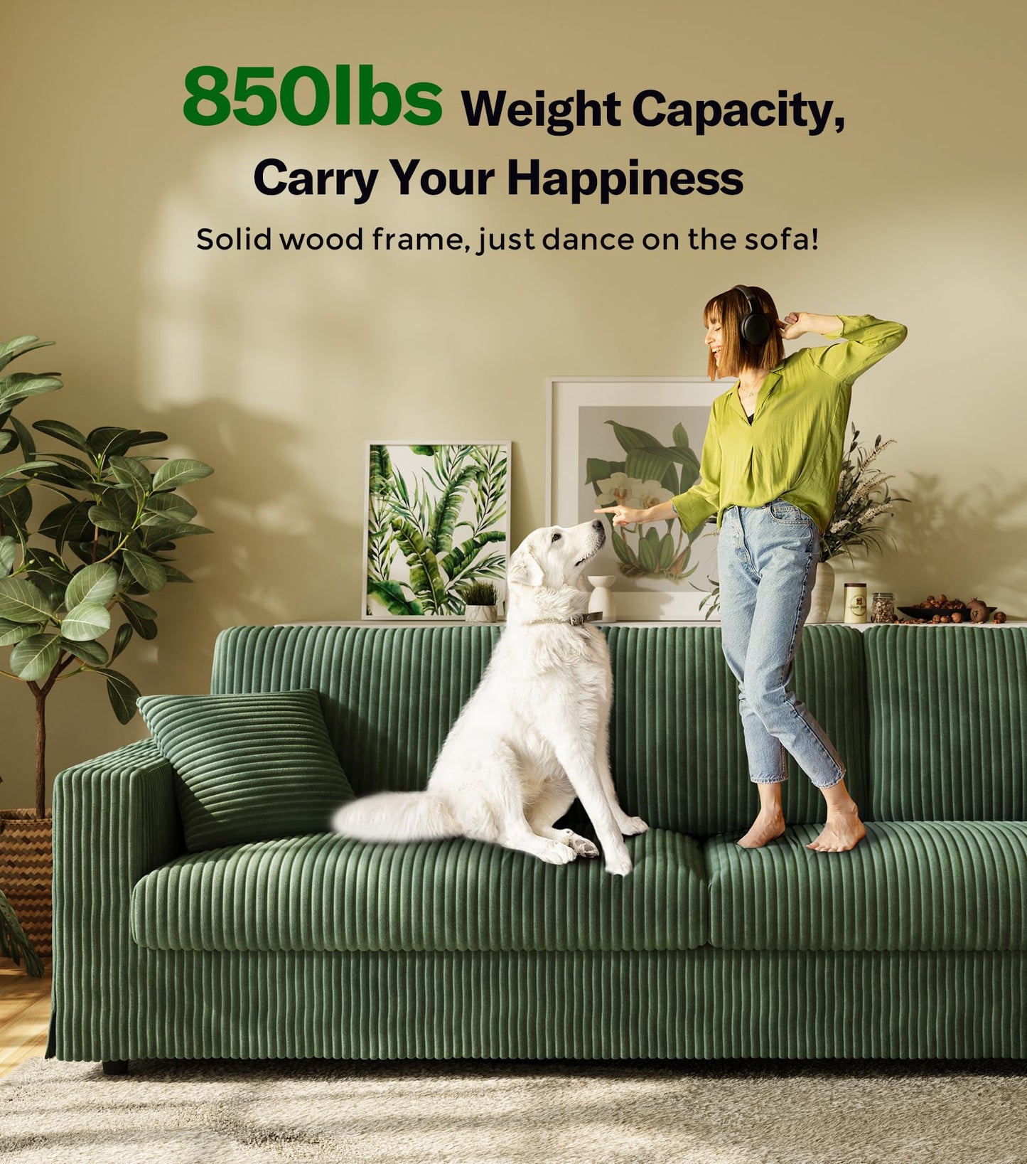 Welzona Plush Corduroy Couch, 101" Comfy Couches for Living Room, Tool-Free Setup Sofas for Living Room 6.3" Extra Wide Armrest, All-Wood Loveseat Sofa Couch for Bedroom/Office, 2 Pillows, Green