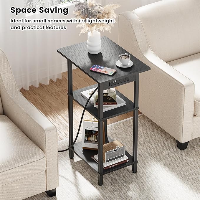 Asgolion Tall End Table with Charging Station, Skinny Nightstand with USB Ports