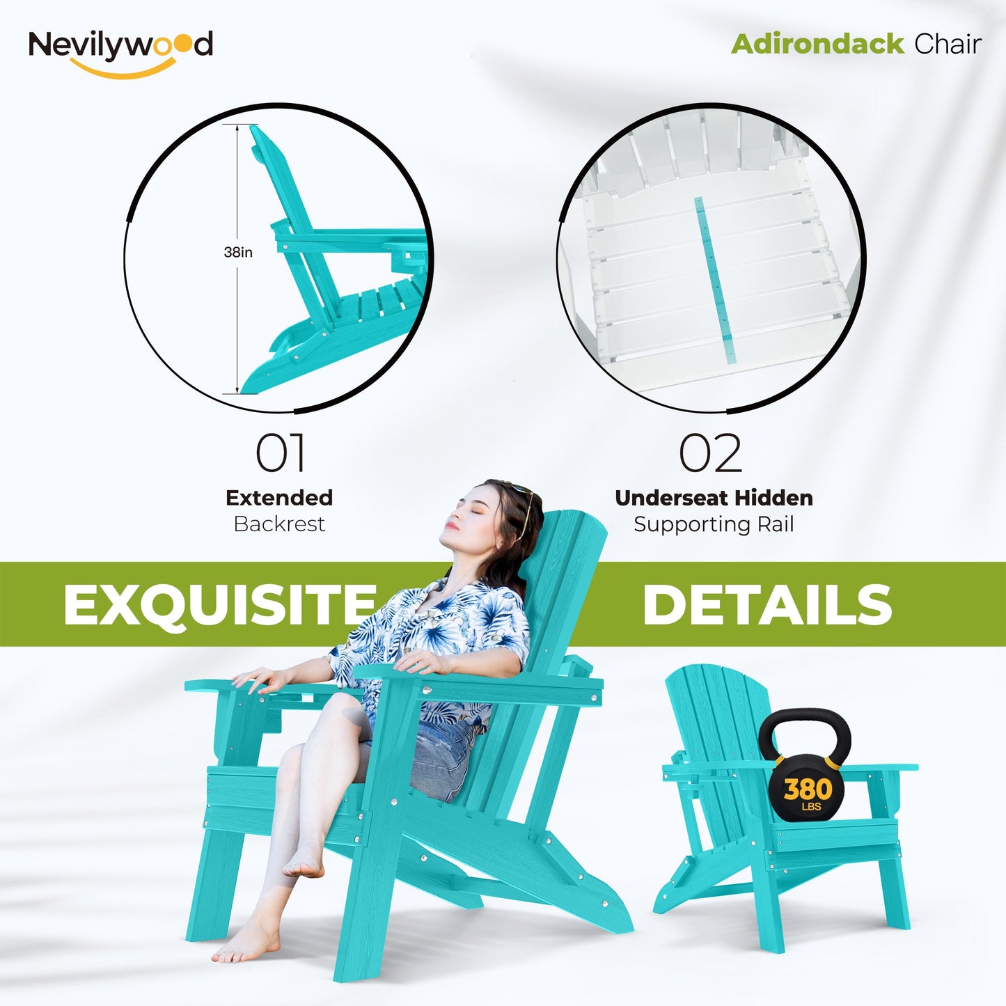 nevilywood Folding Adirondack Chair, Ergonomic, Cup Holder, 380lbs,Aruba