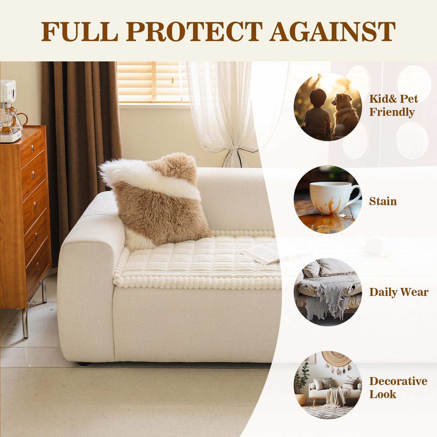 MYSKY HOME Couch Covers for Sofa, L Shaped Couch Cover, Couch Cover for Dogs, Sofa Covers for Pets Washable, Non Slip Sofa Slipcovers, Leather Sofa Cover Loveseat Couch Covers, Cream, 27.6" x 59"