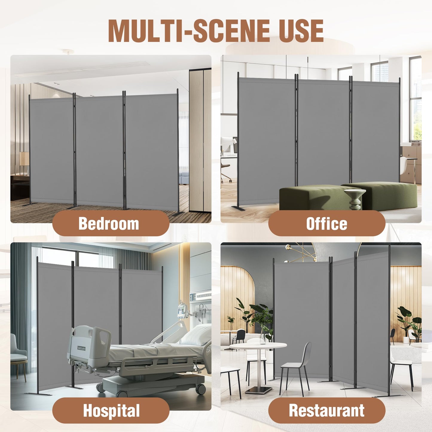 Yettsoy Room Divider 6FT Folding Privacy Partition Screen, 103'' W Freestanding Wall Divider for Room Separation, Portable 3 Panel Room Divider Panel Privacy Screen for Dorm Studio Office, Grey