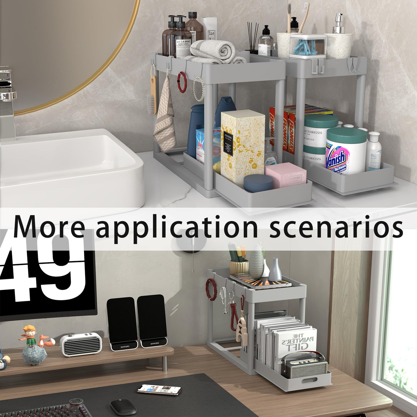 POUGNY 2PC Under Sink Organizer Rack 2 Tier Under Sliding Cabinet Basket Organizer Drawer with 4 Hooks, Multi-purpose Under Sink Storage for Bathroom Kitchen Desktop（Grey）