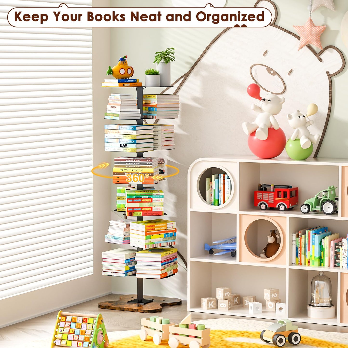 Cidaziya 7 Tier Rotating Bookshelf, 360° Display Spinning Bookcase, Metal Corner Bookcases Storage Rack, Tall Floor Standing Revolving Bookshelves Narrow Book Shelf Organizer for Home Office, Black